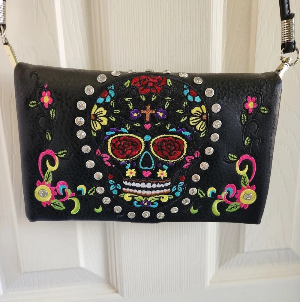 Dia De Muertos Halloween Rhinestone Skull‎ Embroidery Strappy Purse